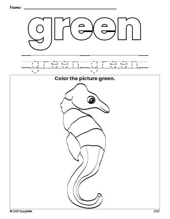 Free seahorse color green coloring page and color worksheet, green worksheet for preschoolers to learn colors, printable PDF