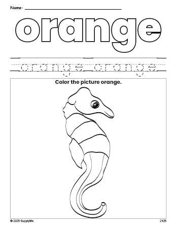 Free seahorse color orange coloring page and color worksheet, orange worksheet for preschoolers to learn colors, printable PDF