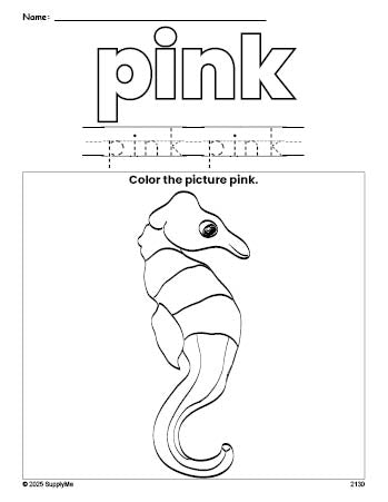 Free seahorse color pink coloring page and color worksheet, pink worksheet for preschoolers to learn colors, printable PDF