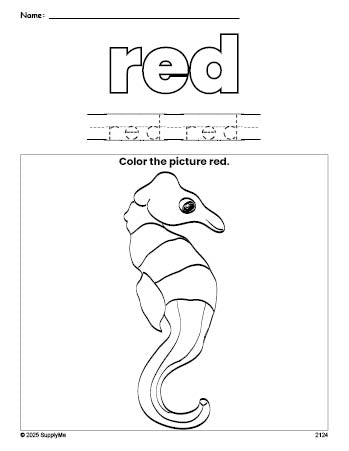 Free seahorse color red coloring page and color worksheet, red worksheet for preschoolers to learn colors, printable PDF