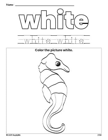Free seahorse color white coloring page and color worksheet, white worksheet for preschoolers to learn colors, printable PDF