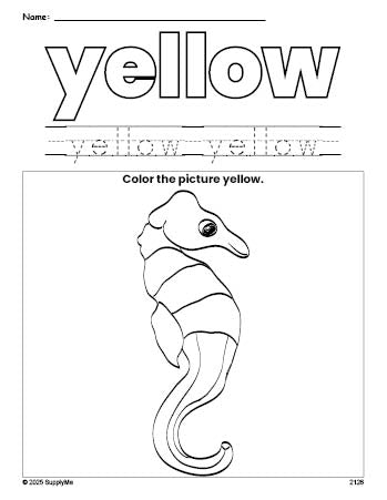 Free seahorse color yellow coloring page and color worksheet, yellow worksheet for preschoolers to learn colors, printable PDF