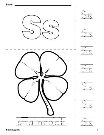 Free printable shamrock St. Patrick's Day coloring page and letter tracing worksheet, letter s worksheet for preschool, pre-k, and kindergarten, PDF