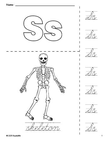 Free printable skeleton Halloween coloring page and cursive letter tracing worksheet, letter s worksheet for preschool, pre-k, and kindergarten, PDF