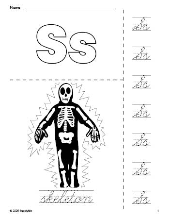 Free printable skeleton Halloween coloring page and cursive letter tracing worksheet, letter s worksheet for preschool, pre-k, and kindergarten, PDF