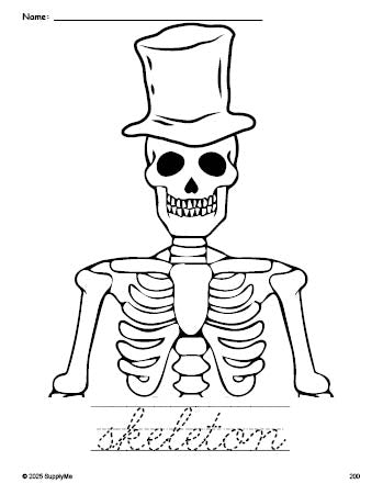 Cursive Skeleton Name FREE Printable Skeleton Halloween Coloring Page and Cursive Word ...
