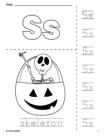Free printable skeleton Halloween coloring page and letter tracing worksheet, letter s worksheet for preschool, pre-k, and kindergarten, PDF