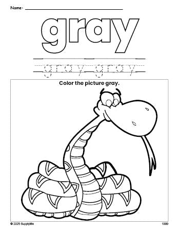 Free snake color gray coloring page and color worksheet, gray worksheet for preschoolers to learn colors, printable PDF