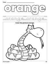 Free snake color orange coloring page and color worksheet, orange worksheet for preschoolers to learn colors, printable PDF