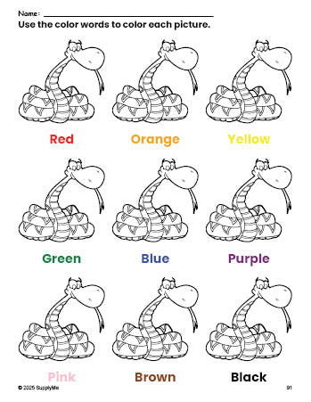 FREE Snake Coloring Page and Color Worksheet for Preschoolers to Learn ...