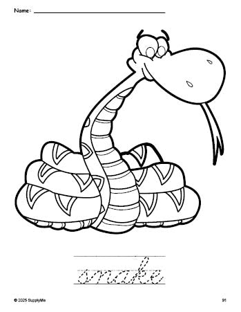 Snake Cursive FREE Printable Snake Coloring Page and Cursive Word Tracing Worksheet ...