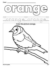 Free sparrow color orange coloring page and color worksheet, orange worksheet for preschoolers to learn colors, printable PDF