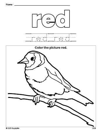 Free sparrow color red coloring page and color worksheet, red worksheet for preschoolers to learn colors, printable PDF