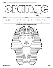 Free sphinx color orange coloring page and color worksheet, orange worksheet for preschoolers to learn colors, printable PDF