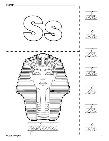 Free printable sphinx coloring page and cursive letter tracing worksheet, letter s worksheet for preschool, pre-k, and kindergarten, PDF