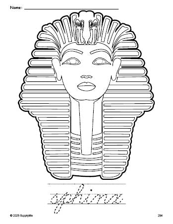 Free printable sphinx coloring page and cursive word tracing worksheet, perfect for preschool, pre-k, and kindergarten, PDF