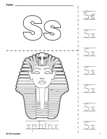 Free printable sphinx coloring page and letter tracing worksheet, letter s worksheet for preschool, pre-k, and kindergarten, PDF