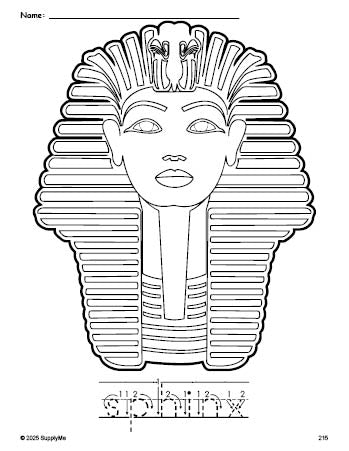 Free printable sphinx coloring page and word tracing worksheet, letter formation guides, perfect for preschool, pre-k, and kindergarten, PDF
