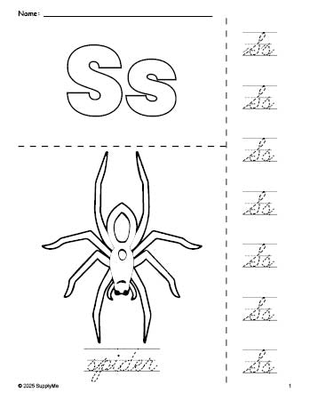 Free printable spider Halloween coloring page and cursive letter tracing worksheet, letter s worksheet for preschool, pre-k, and kindergarten, PDF