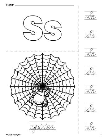 Free printable spider Halloween coloring page and cursive letter tracing worksheet, letter s worksheet for preschool, pre-k, and kindergarten, PDF