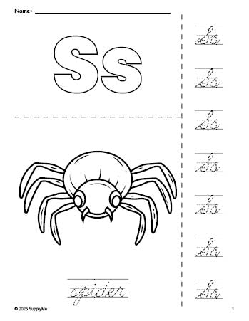 Free printable spider Halloween coloring page and cursive letter tracing worksheet, letter s worksheet for preschool, pre-k, and kindergarten, PDF
