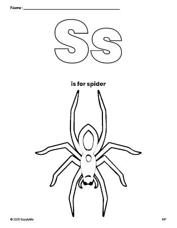 Free printable spider Halloween coloring page, letter s coloring page for preschool, pre-k, and kindergarten, PDF