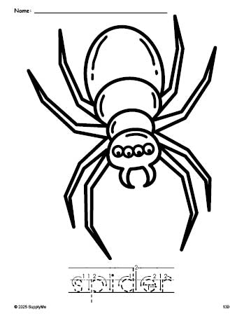 Free printable spider Halloween coloring page and word tracing worksheet, letter formation guides, perfect for preschool, pre-k, and kindergarten, PDF