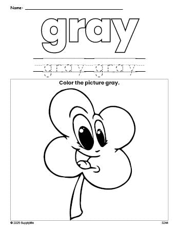 Free St. Patrick's Day four leaf clover color gray coloring page and color worksheet, gray worksheet for preschoolers to learn colors, printable PDF