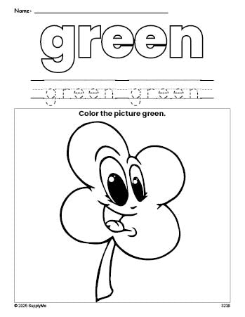 Free St. Patrick's Day four leaf clover color green coloring page and color worksheet, green worksheet for preschoolers to learn colors, printable PDF