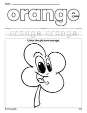 Free St. Patrick's Day four leaf clover color orange coloring page and color worksheet, orange worksheet for preschoolers to learn colors, printable PDF