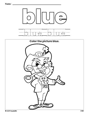 Free St. Patrick's Day leprechaun color blue coloring page and color worksheet, blue worksheet for preschoolers to learn colors, printable PDF