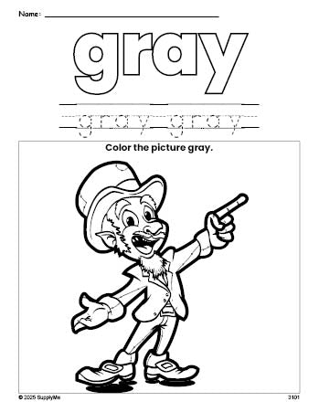 Free St. Patrick's Day leprechaun color gray coloring page and color worksheet, gray worksheet for preschoolers to learn colors, printable PDF