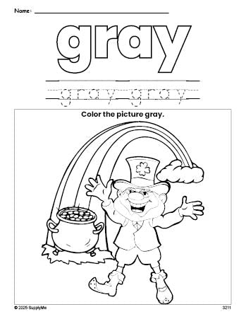 Free St. Patrick's Day leprechaun color gray coloring page and color worksheet, gray worksheet for preschoolers to learn colors, printable PDF