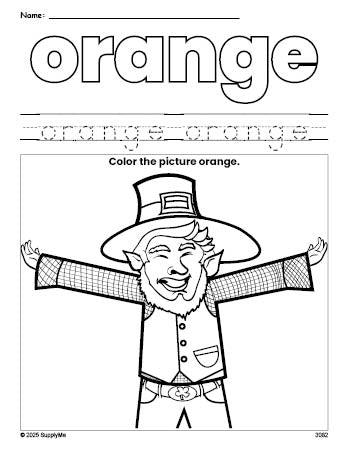 Free St. Patrick's Day leprechaun color orange coloring page and color worksheet, orange worksheet for preschoolers to learn colors, printable PDF