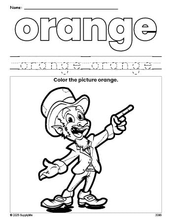 Free St. Patrick's Day leprechaun color orange coloring page and color worksheet, orange worksheet for preschoolers to learn colors, printable PDF