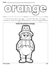 Free St. Patrick's Day leprechaun color orange coloring page and color worksheet, orange worksheet for preschoolers to learn colors, printable PDF
