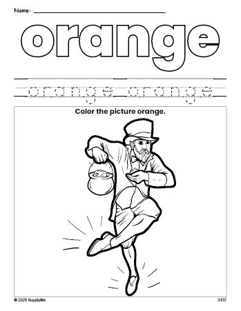 Free St. Patrick's Day leprechaun color orange coloring page and color worksheet, orange worksheet for preschoolers to learn colors, printable PDF