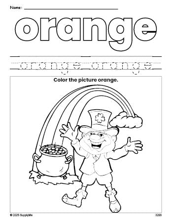 Free St. Patrick's Day leprechaun color orange coloring page and color worksheet, orange worksheet for preschoolers to learn colors, printable PDF