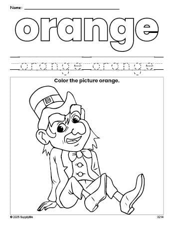 Free St. Patrick's Day leprechaun color orange coloring page and color worksheet, orange worksheet for preschoolers to learn colors, printable PDF