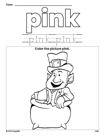 Free St. Patrick's Day leprechaun color pink coloring page and color worksheet, pink worksheet for preschoolers to learn colors, printable PDF