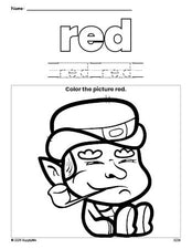 Free St. Patrick's Day leprechaun color red coloring page and color worksheet, red worksheet for preschoolers to learn colors, printable PDF