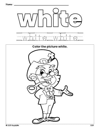 Free St. Patrick's Day leprechaun color white coloring page and color worksheet, white worksheet for preschoolers to learn colors, printable PDF