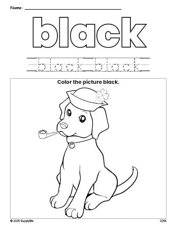 Free St. Patrick's Day puppy color black coloring page and color worksheet, black worksheet for preschoolers to learn colors, printable PDF