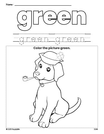 Free St. Patrick's Day puppy color green coloring page and color worksheet, green worksheet for preschoolers to learn colors, printable PDF