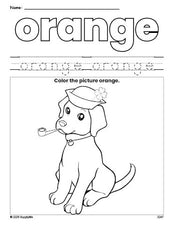 Free St. Patrick's Day puppy color orange coloring page and color worksheet, orange worksheet for preschoolers to learn colors, printable PDF