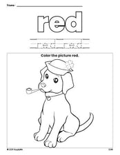 Free St. Patrick's Day puppy color red coloring page and color worksheet, red worksheet for preschoolers to learn colors, printable PDF