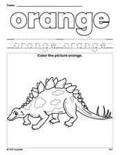 Free stegosaurus color orange coloring page and color worksheet, orange worksheet for preschoolers to learn colors, printable PDF