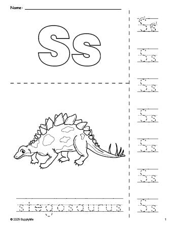 Free printable stegosaurus coloring page and letter tracing worksheet, letter s worksheet for preschool, pre-k, and kindergarten, PDF