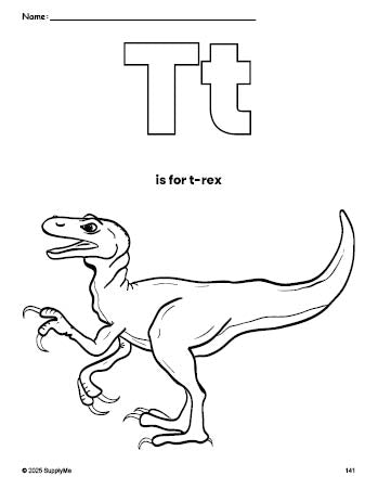 Free printable t-rex coloring page, letter t coloring page for preschool, pre-k, and kindergarten, PDF