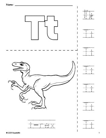 Free printable t-rex coloring page and letter tracing worksheet, letter t worksheet for preschool, pre-k, and kindergarten, PDF